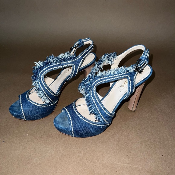 PRADA Denim fringe platform heels. - Picture 2 of 6